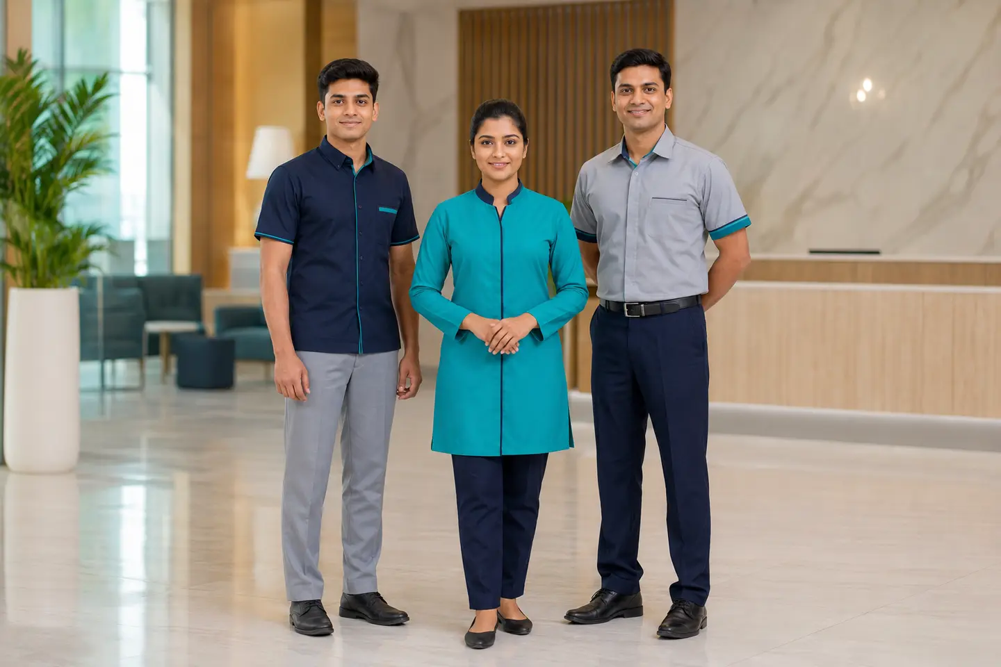 Indian institutional employees wearing coordinated custom uniforms