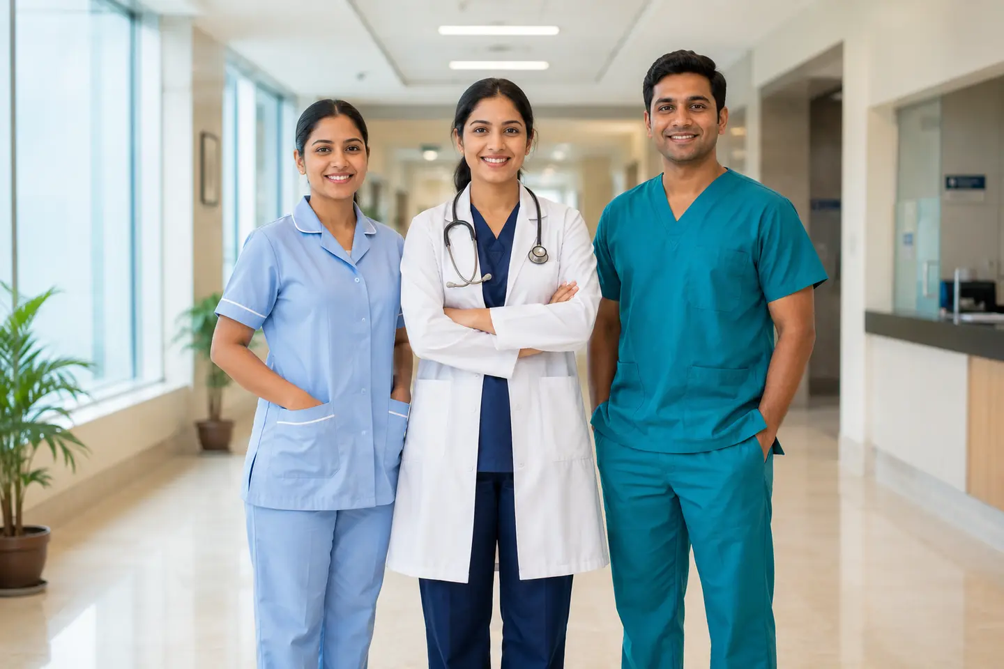 Indian healthcare professionals in nurse, doctor and scrub uniforms