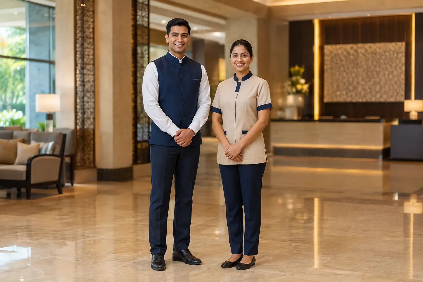 Indian male and female hotel employees in hospitality uniforms