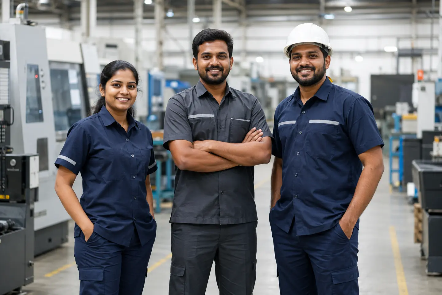 Indian factory employees in industrial uniforms