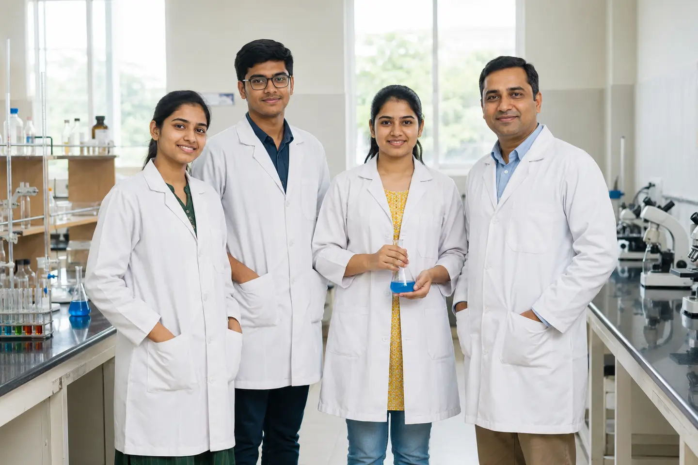 Indian students and a technician wearing laboratory coats