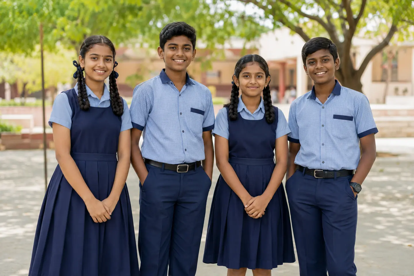 Indian students wearing familiar school uniform patterns